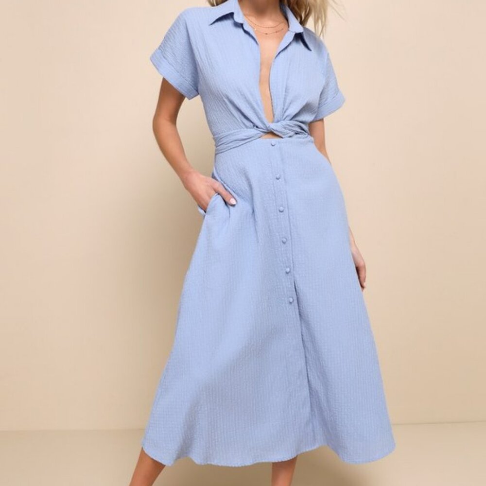 NWT LULUS Palermo Perfection Light Blue Collared Midi Dress with Pockets